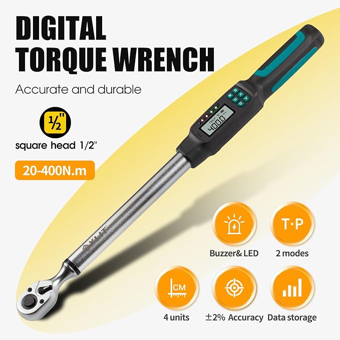 1/2” Digital Torque Wrench Set 8.9-295 ft-lb/12-400 Nm, ±2% Accuracy, LED & Buzzer Alerts, with 3 Adapters (1/4", 3/8"& Extension Bar), Industrial CR-V Steel for Car, Motorcycle, Bike Repair