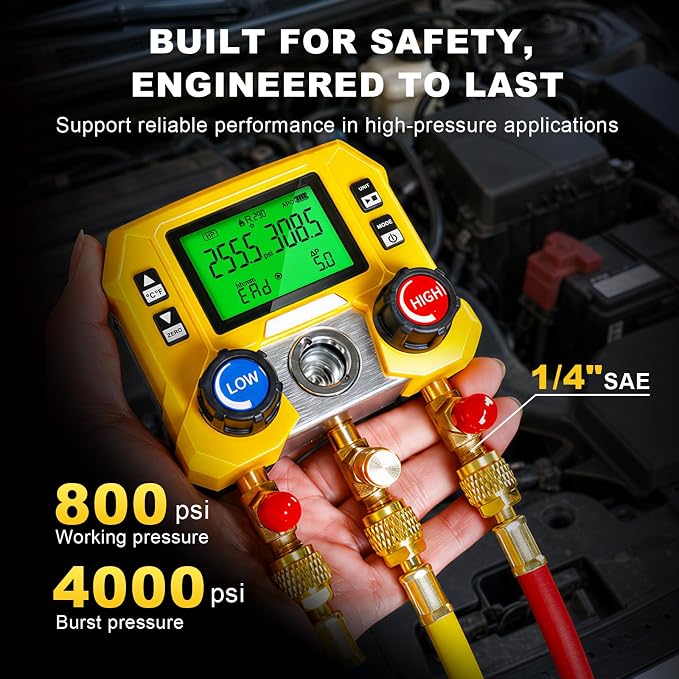 Jack Boss Digital HVAC Manifold Gauge with R134a R1234yf Quick Couplers & Can Taps, Compatible with R134a R410a R32 R1234yf R454B, 3 Hoses AC Refrigerant Recharge Kit