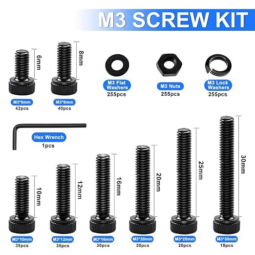 1015PCS M3 Screws Kit, M3x6/8/10/12/16/20/25/30mm Hex Socket Head Cap Screws Bolts Nuts Washers Kit, 12.9 Grade Alloy Steel Metric Machine Screw for 3D Printing