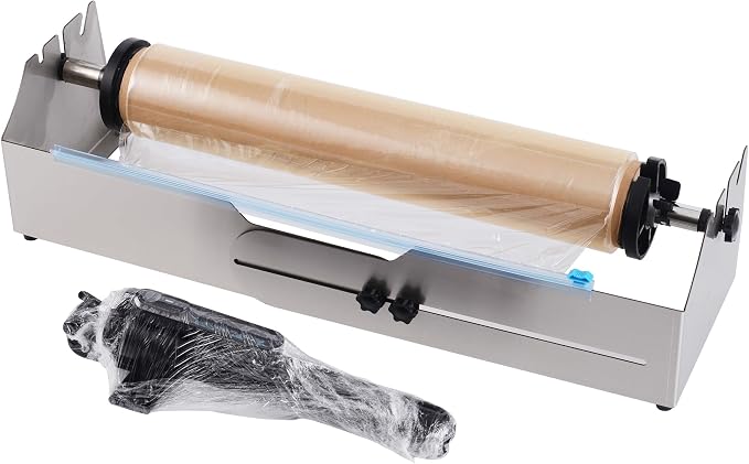 Adjustable Tabletop Stretch Film Dispenser with Cutter, Heavy Duty Stainless Steel Wrapper for 16 to 26 Inch Rolls, Ideal for Warehouse and Shipping Use