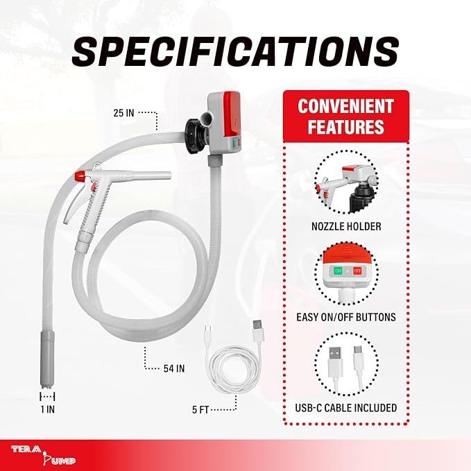 TERA PUMP Dual Power Manual Nozzle Liquid Transfer Pump | 3.2 GPM, AA Battery or USB-C Powered, Flow Control Nozzle, 54" Durable PE Hose, For Non-Potable Liquids