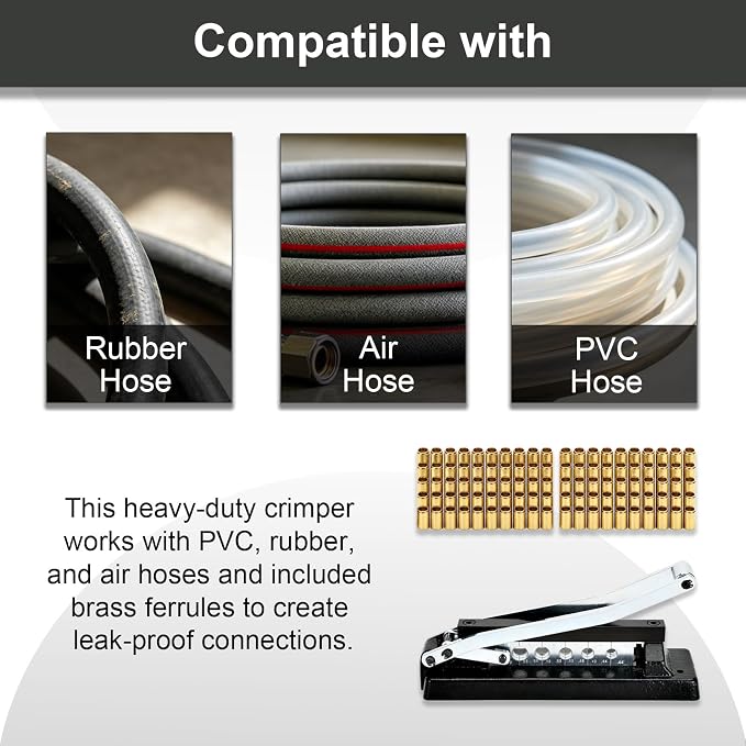Heavy Duty Bench Hose Crimper Kit with 100 Brass Ferrules(50x 0.593" ID& 50x 0.625" ID), for 1/4", 5/16", 3/8" PVC Rubber Air Hoses, Portable Torch Hose Repair Crimping Tool