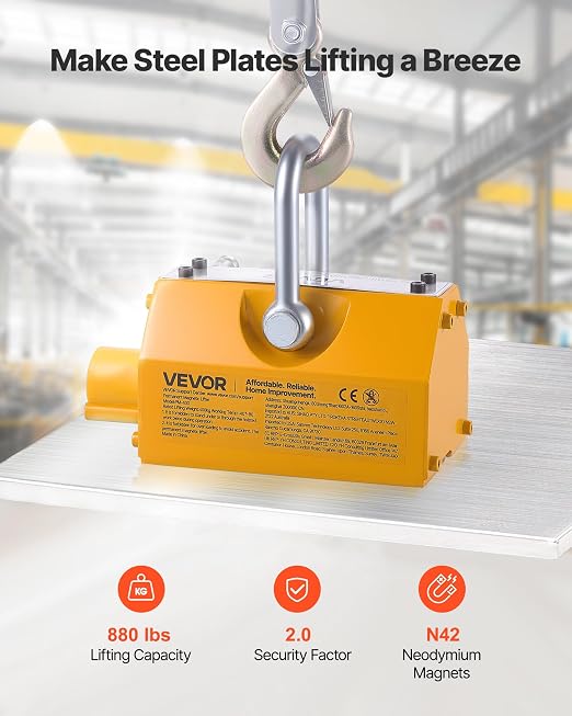 VEVOR Permanent Magnetic Lifter, 880 lbs Pulling Capacity, Heavy Duty N42 Neodymium Lifting Magnet with Release Handle and Steel Hook, Used in Shop Crane and Hoist, for Lifting Plate Steel, Board