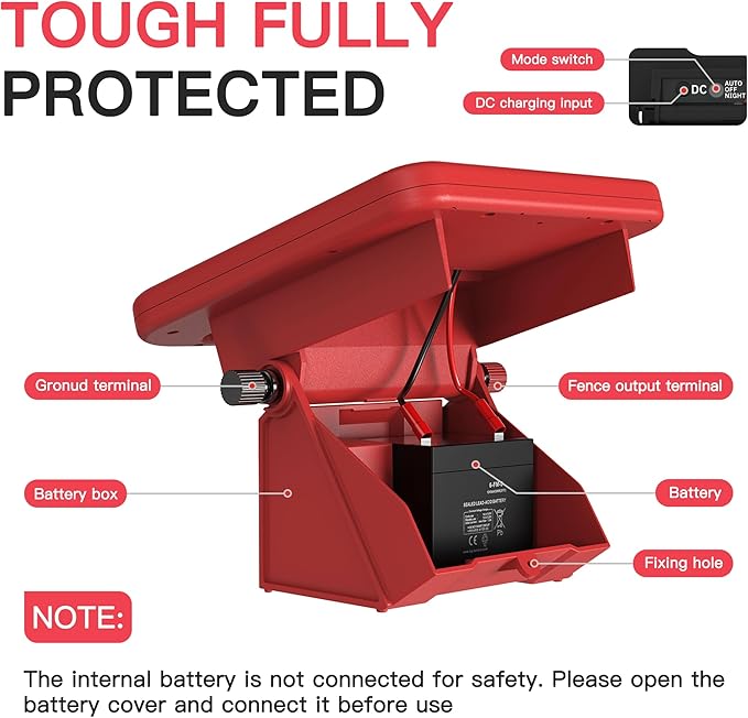 Solar Electric Fence Charger-0.18J-10 Miles, Maximum Output Voltage 9300V- Provide 24-Hour Uninterrupted Protection for Livestock and Yards with Rechargeable Solar Panel Red