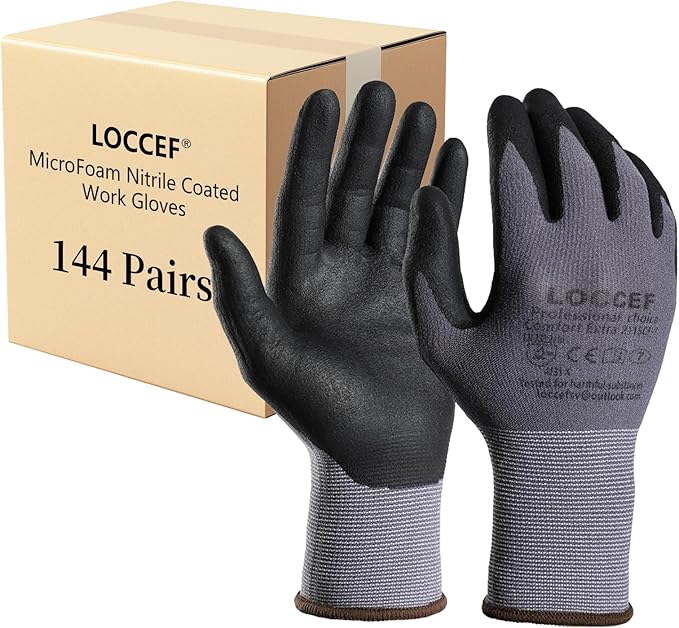 LOCCEF Safety Work Gloves MicroFoam Nitrile Coated-12 Pairs,Seamless Knit Nylon Gloves,Home Improvement,Micro-Foam Gloves