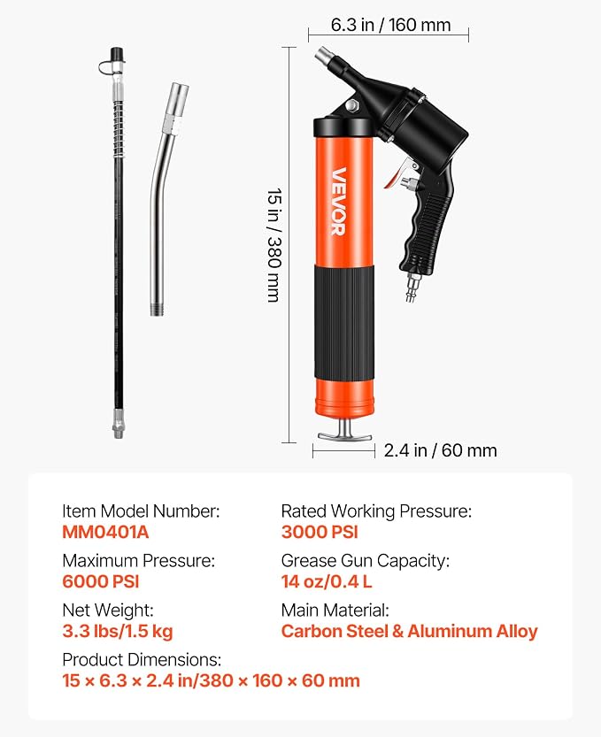 VEVOR Grease Gun, Continuous Cycle Heavy Duty 6000 PSI High Pressure, Pistol Grip Grease Gun Kit with 14 oz Capacity, Includes 18-Inch Flex Hose, 1 Extension Rigid Pipe, 2 Flat Nozzles for Automotive