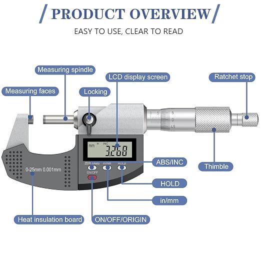 HDLKNAK Dual-Mode Micrometer, Digital Outside Micrometer Precision Measuring Tool, 0-1"/0-25 mm, Inch/Metric 0.00005"/0.001 mm, Machinist Thickness Gauge Tool, Large LCD Display with Protective Case.