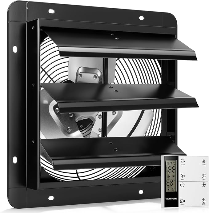 VIVOHOME 12" Shutter Exhaust Fan with EC Motor – 1300 CFM with Thermostat, Variable Speed, Timer, Wall-Mounted for Attic, Garage, Greenhouse, Chicken Coop, Barn Ventilation