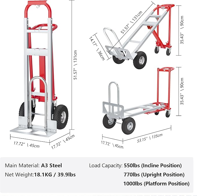 4 in 1 Convertible Hand Truck-1,000lb Heavy-Duty Folding Hand Truck Dolly Cart with Solid Wheel, 1000LBS Heavy Duty Steel Dolly for Logistics, Warehouse, Home, Office Moving, Delivery