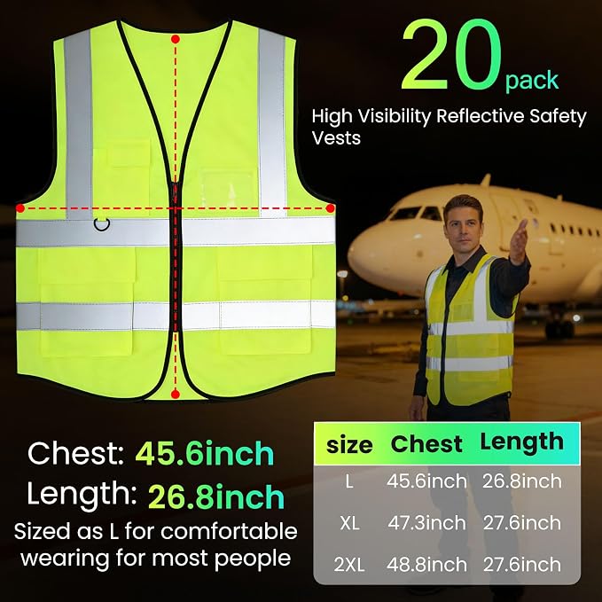 30 Pack High Visibility Reflective Safety Vests with Pockets and Zipper, High Visibility Mesh Construction Vest