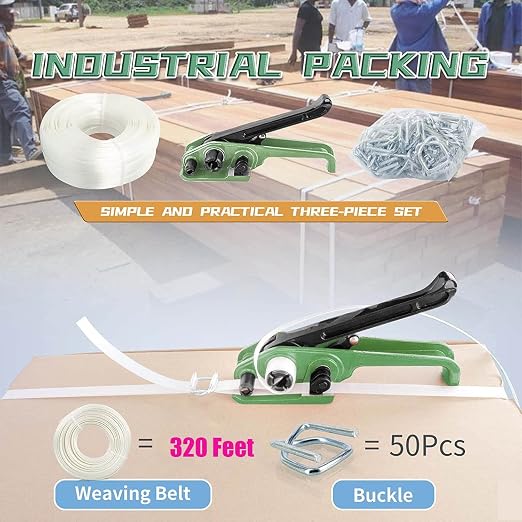 Heavy Duty Hand Pallet Strapping Banding Kit - 3/4" x 320' Woven Cord Strapping, 2000 lbs Break Strength, Polyester Cord Strapping Tensioner, 50pcs Reusable Buckles, Strapping Kit for Packing