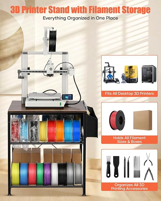 AHOWPD 3D Printer Stand with Filaments Storage - 3D Printer Table Filament Storage Rack Heavy Duty 3D Desk for Workshop Studio Office (Brown)