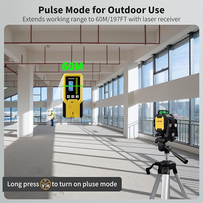 Firecore Laser Level 360 Self Leveling, 1/13" High Accuracy, Rechargeable Green Cross Line Laser for Construction and Picture Hanging, Outdoor Pulse Mode Up To 197ft, Hard Case Included