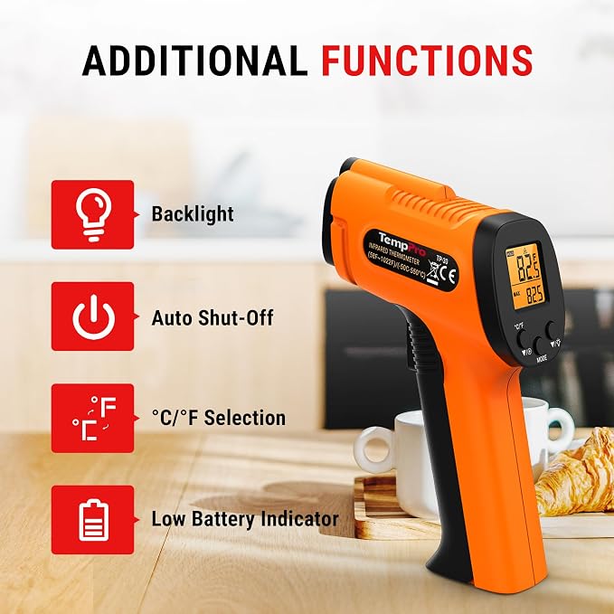 TempPro TP30 Infrared Thermometer Gun, Laser Thermometer for Cooking, Pizza Oven, Griddle, Engine, HVAC, Temperature Gun with Adjustable Emissivity & Max Measure -58°F ~1022°F, Gift for Dad Husband