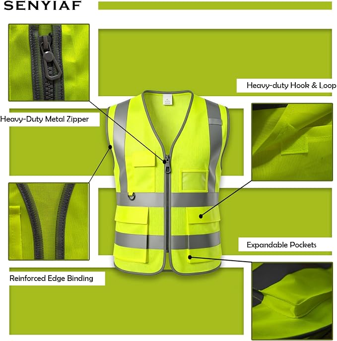 12 Pack Hi Vis Reflective Safety Vest Multi Pockets & Zipper Class2 | Construction Work Vest for Men and Women,Warehouse Crews,Road Workers,Volunteers,Security,Baggage Handling,Survey,Airport