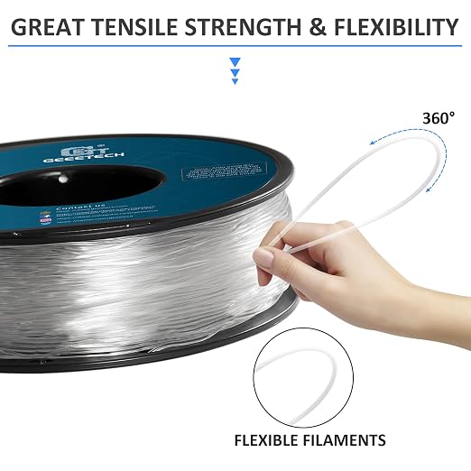 GEEETECH Flexible TPU Filament 1.75mm, TPU Filament 95A for 3D Printer, 1kg Spool, Transparent