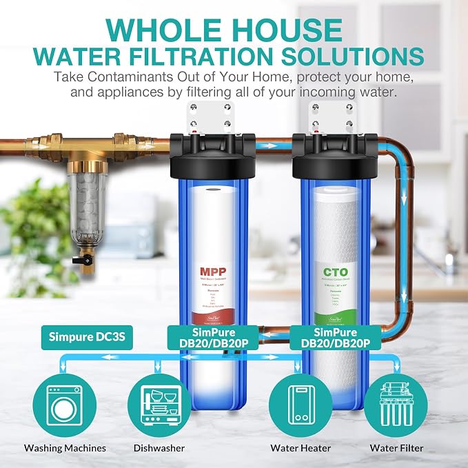 SimPure Whole House Water Filter Cartridges 5 Micron 20" x 4.5" CTO Activated Carbon Block, For DB20P, FC25B, CTO20BB, WHB20, 4 Pack