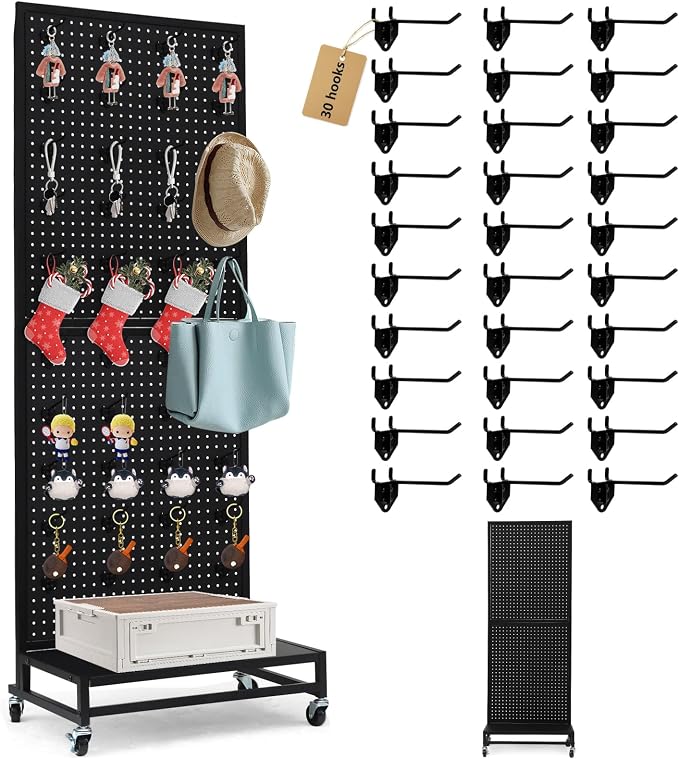 Eastern Tree Metal Pegboard Display Stand 2'x 5'with Base Plate, Pegboard Panels Display with Wheels, Peg Board Display Rack, Standing Pegboard Display with 30 Hooks - Black