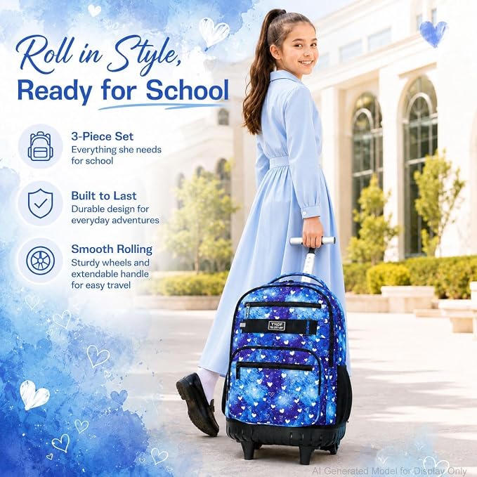 3Pcs Rolling Backpack for Girls Women, Travel Roller Backpacks with Wheels for Adults, Teens College Love Polka Dots Wheeled Bookbag with Lunch Box(Blue)