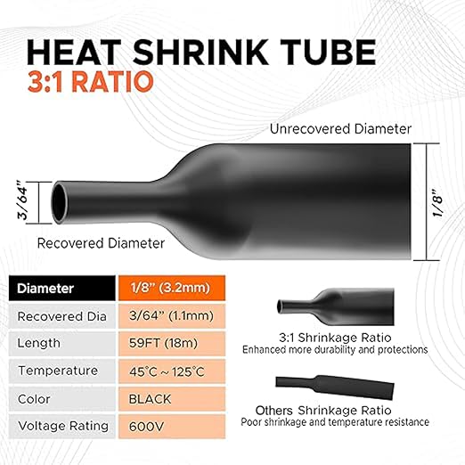 Heat Shrink Tubing 1/8" (3.2mm), 3:1 Ratio Shrink Tube Industrial and Marine Grade, Dual Wall Adhesive Lined Wire Shrink Wrap Tubing, 59 Feet Roll