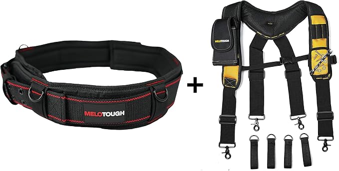 MELOTOUGH 1 PACK Tool Belt with D ring and Strong Durable Double Metal Roller Buckle,Adjustable waist + 1 PACK Magnetic Suspenders Tool Belt Suspenders with Large Moveable Phone Holder