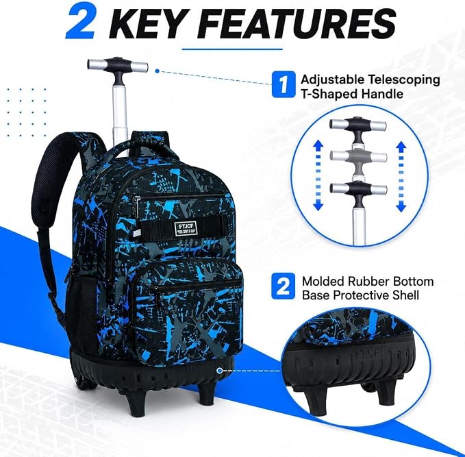3Pcs Rolling Backpack for Boys Men, Travel Roller Backpacks with Wheels for Adults, Teens College Graffiti Wheeled Bookbag with Lunch Box(Blue)