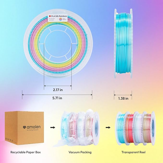 AMOLEN Silk Rainbow PLA Filament 1.75mm, Shiny Multicolor Gradient Color Change, 4-Pack 800g (4×200g) Assorted Colors, Dimensional Accuracy ±0.02mm, NO-Tangle & Low Warping, Fits Most FDM 3D Printers