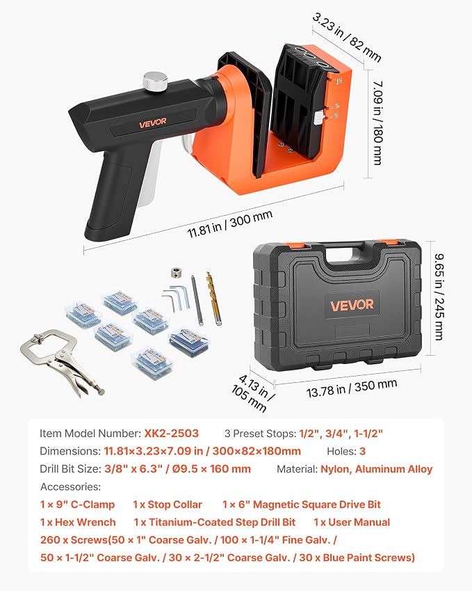VEVOR Pocket Hole Jig Kit, 1/2", 3/4", 1-1/2" Adjustable, 360° Rotating Handle, Jig Pocket Hole System with 260 Screws, C-Clamp, Stop Collar, Drill Bit, Easy Clamping and Adjusting, for Woodworking