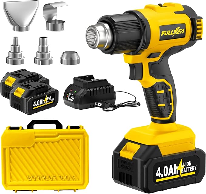 FULLYEA Cordless Heat Gun, Max 1022°F (550°C), Lightweight Hot Air Gun with 5 Nozzles & 2x4.0Ah Batteries, Portable Heat Gun Kit for Shrink Tubing, PVC Wrap, DIY Crafts (Yellow)