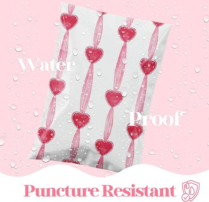 Pretty Package Store 14.5x19 Designer Poly Mailer 100 Pack Heavy Duty Waterproof Self Seal Shipping Bags for Small Business Large Mailing Envelopes Bulk Tear Resistant Packaging Valentine Heart