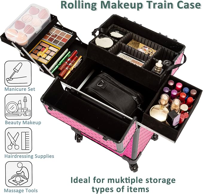 AROUS Rolling Makeup Train Case Cosmetic Travel Trolley with 4 Aluminum Trays with Sliding Rail Removable Middle Layer with Key Swivel Wheels Salon Barber Traveling Cart Trunk, Rose Red
