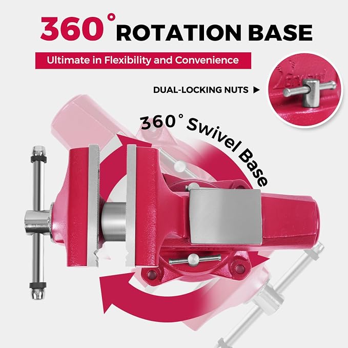 Forward Round Bench Vise 6 Inch, 1760B Economic Industrial Vice PRO with 360° Swivel Base, 6" Jaw Width, 6" Max Jaw Opening, 3-3/4" Throat Depth, 86,000PSI Ductile Iron