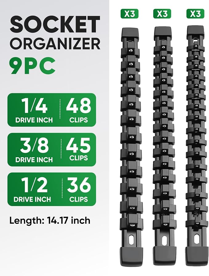 ALOANES 9PC Socket Organizer, Socket Rails Fit 1/2", 1/4" and 3/8" Drive | Heavy Duty ABS Socket Holders Hold up 129 Sockets for Toolbox Drawer Bags(Black)