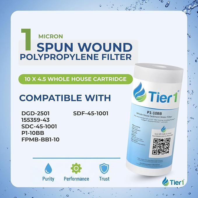 Tier1 1 Micron 10x4.5 Water Filter | Spun Wound Polypropylene Whole House Sediment Water Filter | Replacement for Pentek DGD-2501, 155359-43, SDC-45-1001, P1-10BB | 4.5 x 10 Water Filter Cartridge