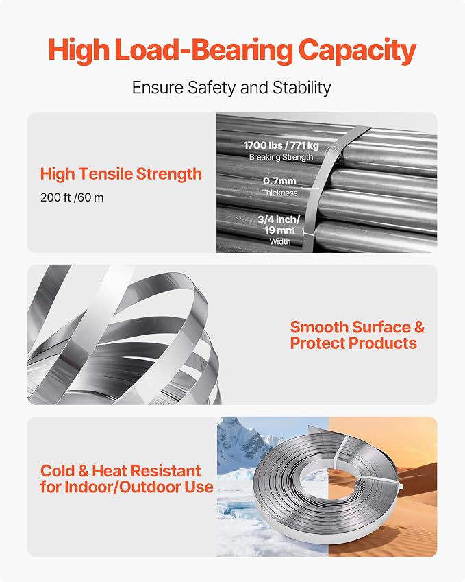 VEVOR Steel Banding Strapping Kit, Heavy Duty Banding Sealer Tool with 200 ft Binding Straps, 200 Metal Clasps, Manual Pallet Packaging Strapping Kit for Warehouse, Transportation, Industrial Bundling