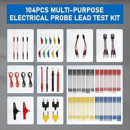 104PCS Automotive Circuit Test Leads Kit, Multimeter Terminal Test Leads Kit Multi Function Probe Test Kit with Heavy Duty Back Probes Test Lead Set Wire Connectors Set with Black Carrying Case