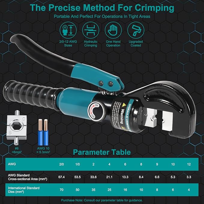 Brileine Hydraulic Crimping Tool, Hydraulic Crimper 10 Tons for 12-2/0 AWG Cable, Battery Lugs, Wire Lugs, Battery Cable Crimper Tool with 9 Pairs of Dies, 1/8” Wire Rope Crimping Tool