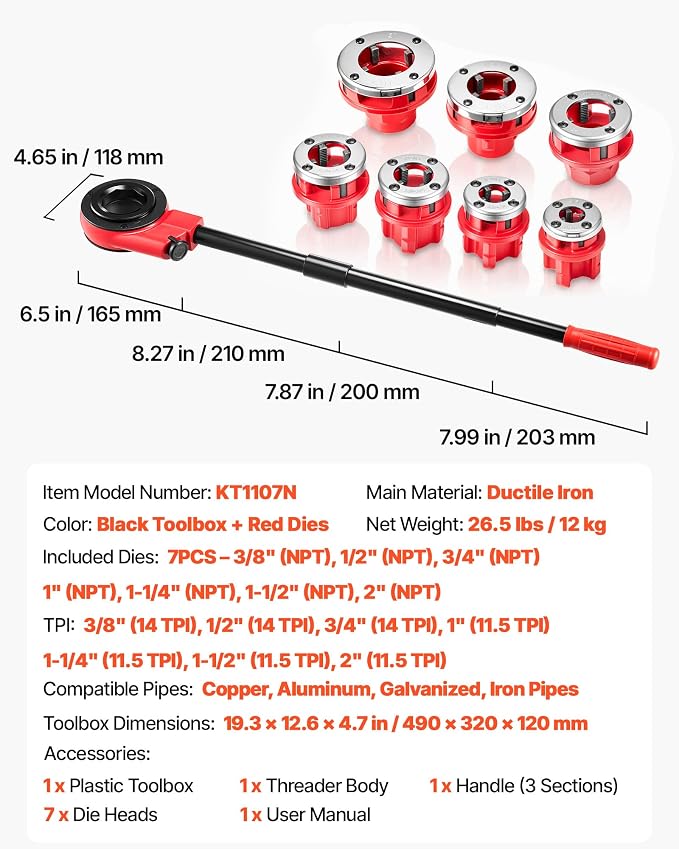 VEVOR Ratchet Pipe Threader Kit with 7 Dies, 3/8" NPT to 2" NPT Manual Ratcheting Pipe Threading Tool, Portable Pipes Threader Set with Toolbox for Plumbing Installation & Repair