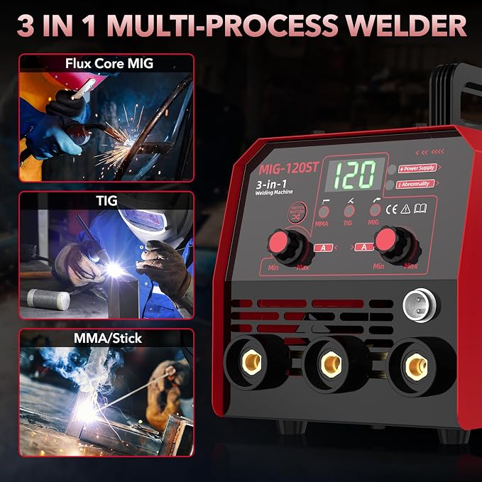 120A Mig Welder, 3 IN 1 Gasless Flux Core MIG/Lift TIG/Stick Welder Machine & E6013 Welding Rods Carbon Steel Stick Welding Electrodes ARC Welding Equipment