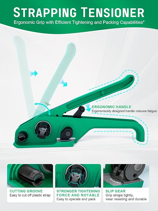 Banding Strapping Kit, Heavy Duty Pallet Packaging Kit with >1500lbs 5/8" x 1000' PET Strapping Roll, 100 Metal Seals, 1 Pair Gloves, Strapping Tensioner, Banding Sealer Tool, Banding Tool