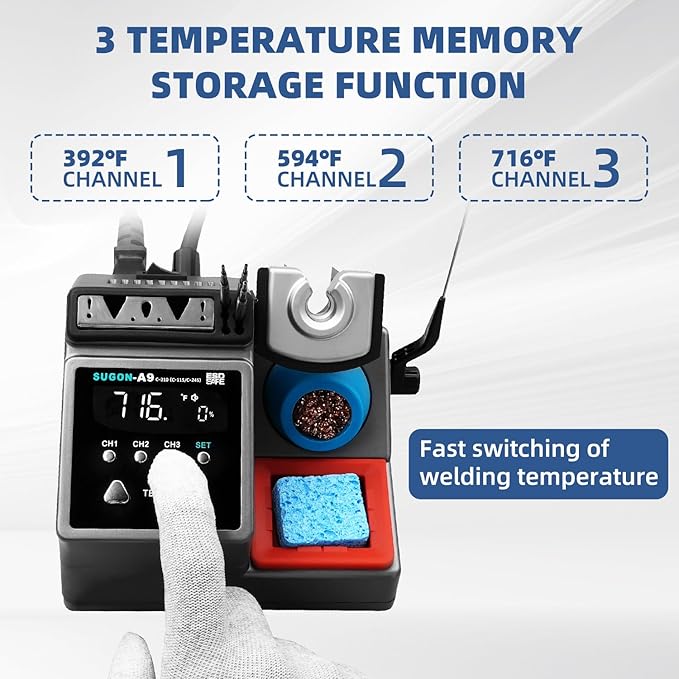SUGON A9 210 Precision Soldering Stations 120W， LCD Display Digital Soldering Iron Kit,2 Seconds Fast Heating up 716℉, 3 Temperature Storage,212℉-842℉, ℃/℉,ESD,Quick Change Soldering Iron Tips Holder