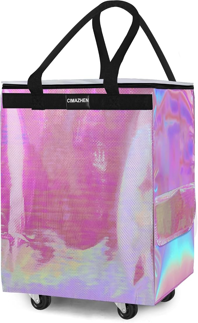 (Medium,Mermaid) Reusable Grocery Bag on 4 Wheels, 70L Foldable Rolling Tote Bag with 3 Handles and Zipper, Rolling Shopping Cart for Groceries, Storage, Laundry, Travel, Organizer, 76lb