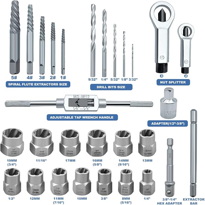 29PCS Impact Nut/Bolt Removal Drill Bit Kit, Bolt Extractor Tool Set, Screw Extractors, Nut Splitter Cracker Set For Damaged Rusted Screws,Bolts, Nuts And Fittings