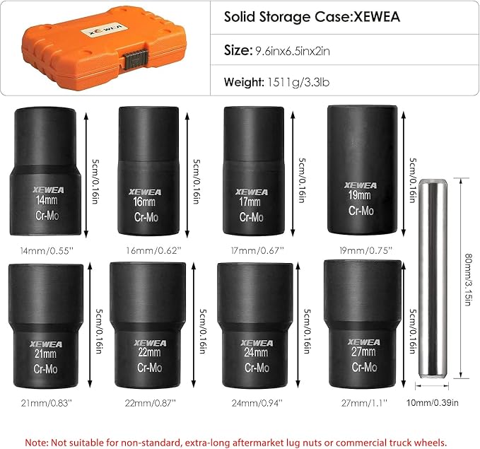 XEWEA 9PCS Lug Nut Extractor Set, 1/2" Drive Impact Bolt Nut Remover Socket Tool, Wheel Lock Removal Kit, Easy Out Extractor Set for Damaged, Frozen, Rusted, Rounded-Off Bolts Nuts
