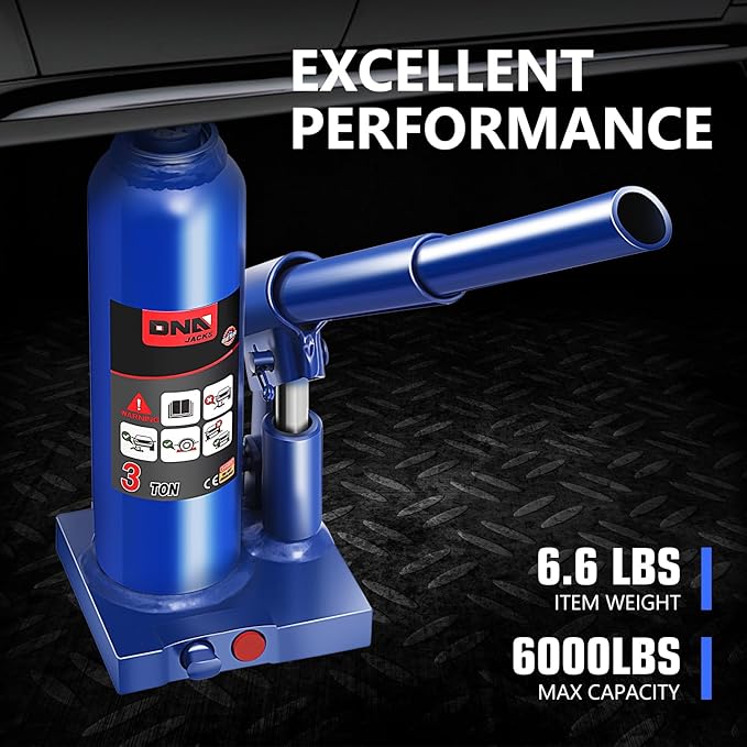 DNA Motoring 3 tons / 6000 lbs Lifting Automotive Welded Hydraulic Bottle Jack for Repair Vehicle, Pickup, Truck, w/Manual Handle, Blue,TOOLS-00350