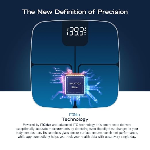Nautica Body Tracker Digital Bathroom Scale, Bluetooth-Enabled Smart Scale with BMI, Body Fat, Muscle Mass Tracking & More, Syncs with Smartphone App for Body Composition Tracking, 440 Lbs.