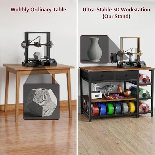 3D Printer Stand with Storage,3-Tier Heavy Duty 3 D Printer Table Shelf with 2 Fabric Drawers, 3 D Printing Desk for Tools and Supplies (Brown)