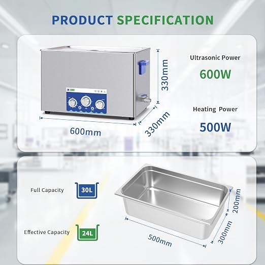 DK SONIC Industrial Ultrasonic Cleaner 30L 600W,Ultrasonic Carburetors Cleaner with Power Adjustable Function, Timer and Heater for Parts,Circuit Board,Chains Cleaning(Include Basket)