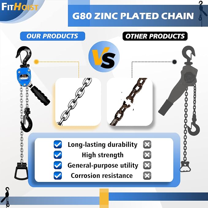 Mini Chain Hoist 1/4 ton 550Lbs Capacity 5ft Lift Manual lever chain hoist Alloy Steel G80 Chain 2 Heavy Duty Hooks, for Garages Warehouse Automotive Machinery