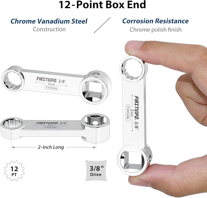 FIRSTINFO 8-Piece 3/8" Drive SAE 12-Point Box End Torque Adapter Set | 5/16-3/4 in sizes • 2 in center-to-center length • CR-V steel • Blow-mold case & tray • Made in Taiwan